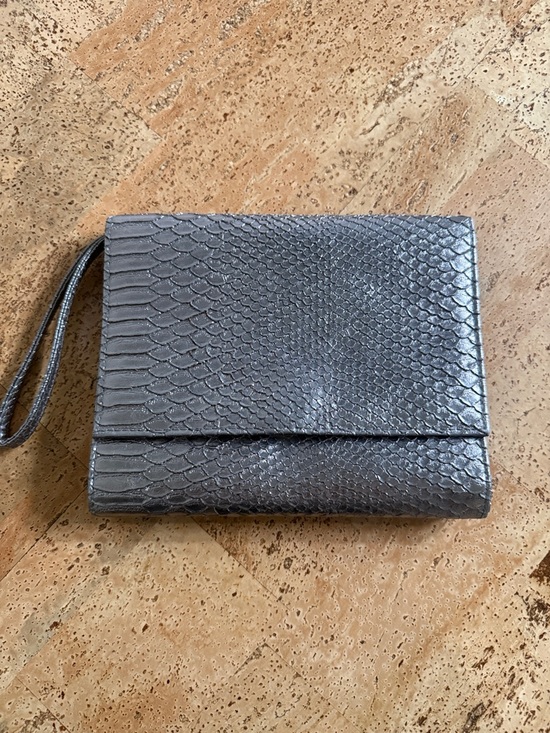 Neiman Marcus Handbags - Neiman Marcus Metallic Silver Python-Embossed Wristlet Clutch